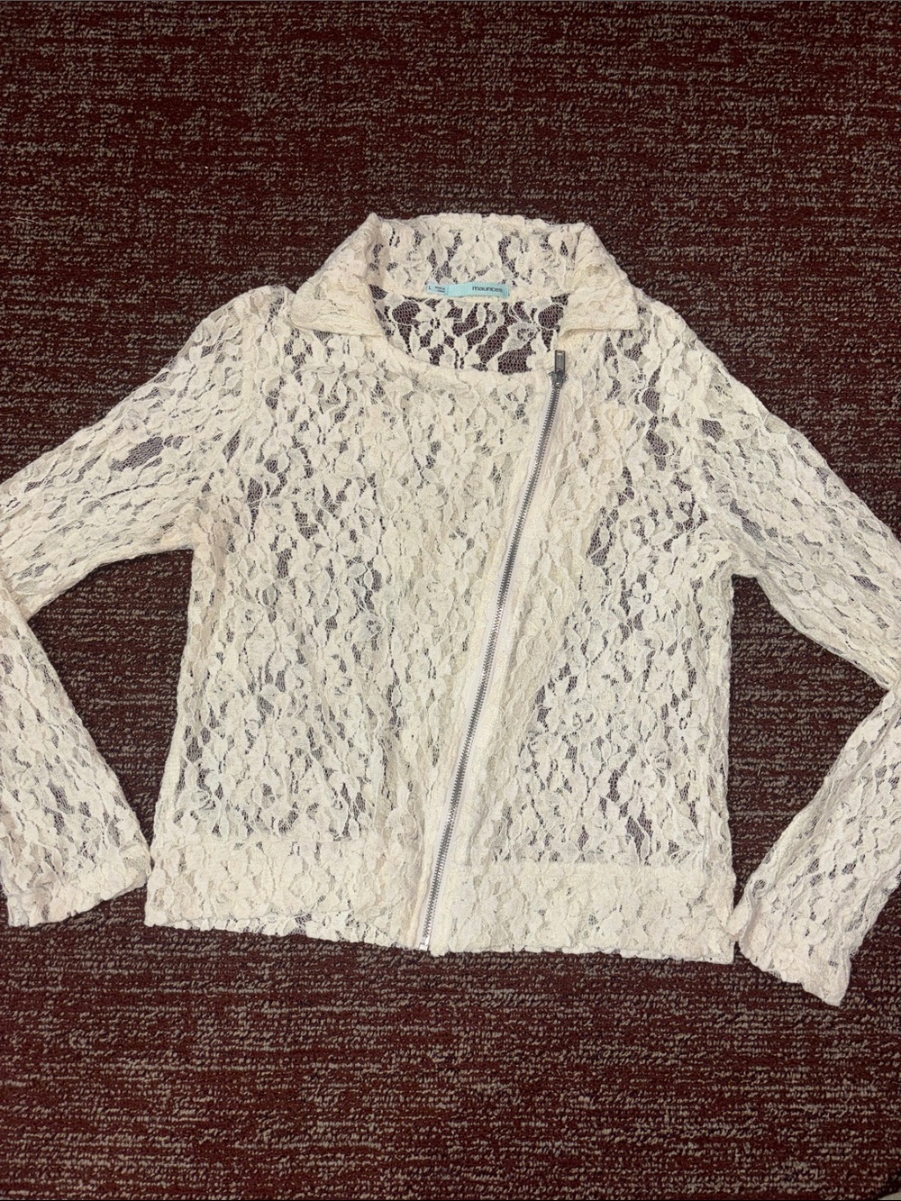 Cream lace moto jacket asymmetrical zipper collared long sleeve dainty jacket L - Picture 2 of 12